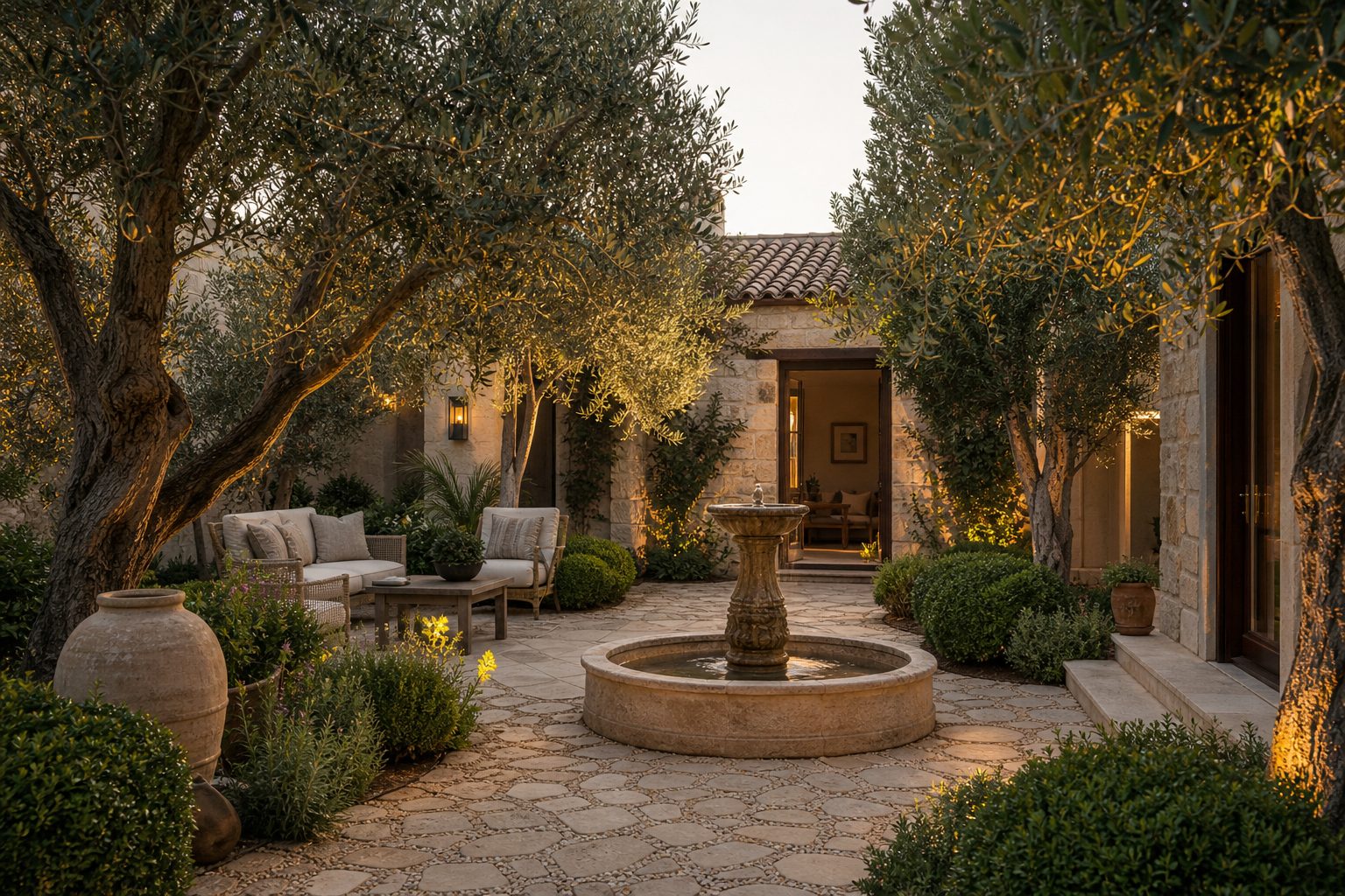 Tranquil courtyard garden with lavender and seating