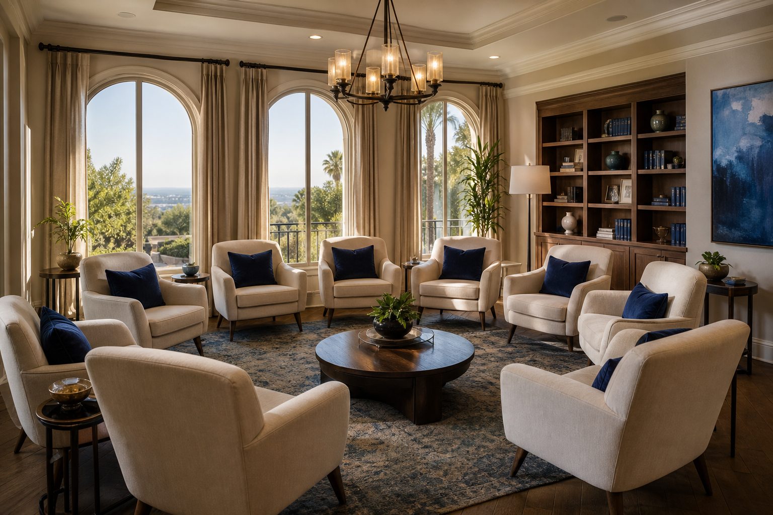 Group therapy circle in a bright sunroom
