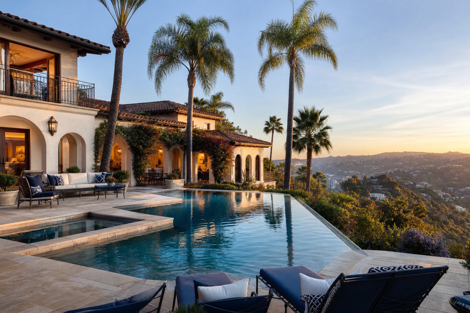 Infinity pool and glass-walled villa overlooking the Los Angeles skyline at sunset