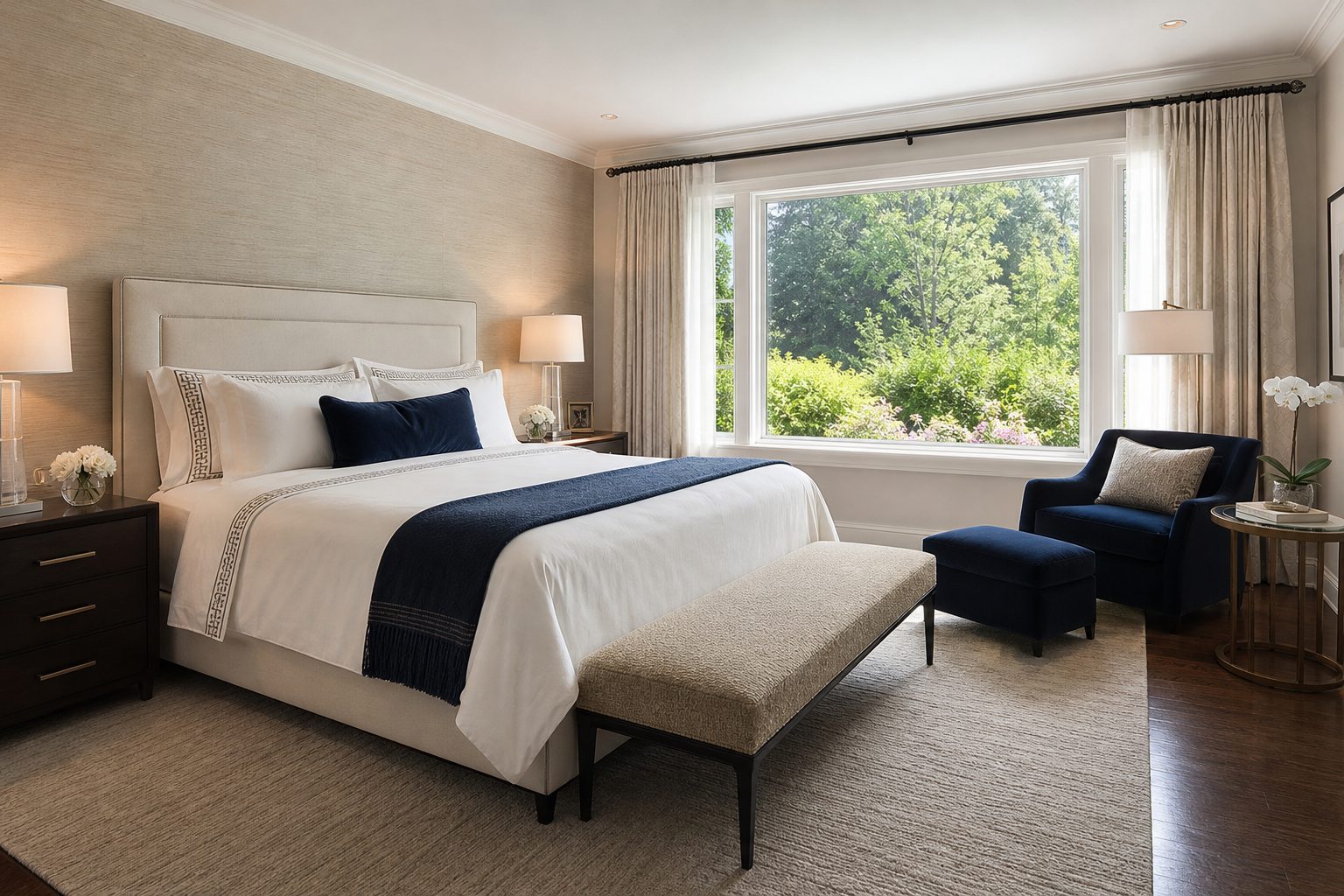 Private bedroom suite with king bed and warm wood floors